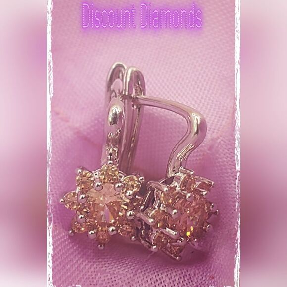 18K Yellow Gold on 925 Silver Champagne Diamond Flower Latch Back Earrings - Picture 6 of 7